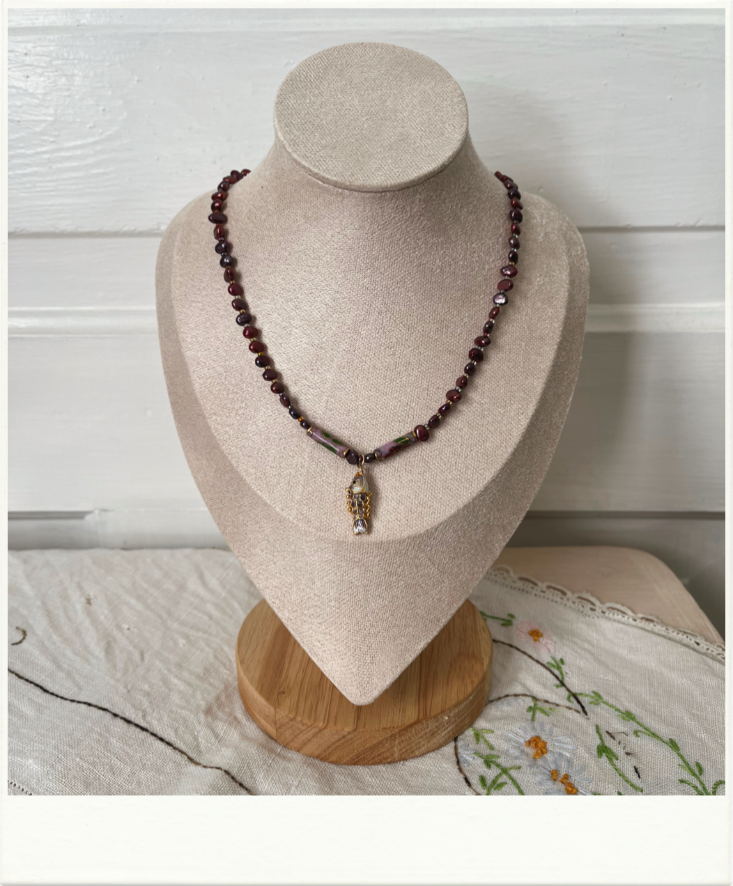 Deep Cranberry Freshwater Pearls with Articulated Fish Pendant Necklace