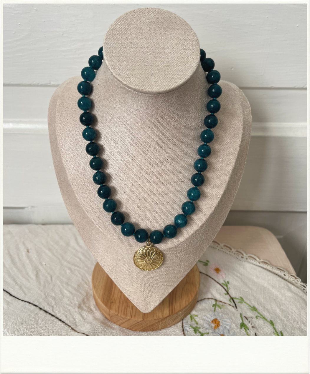 Blue Jade with Gold Pendant Necklace