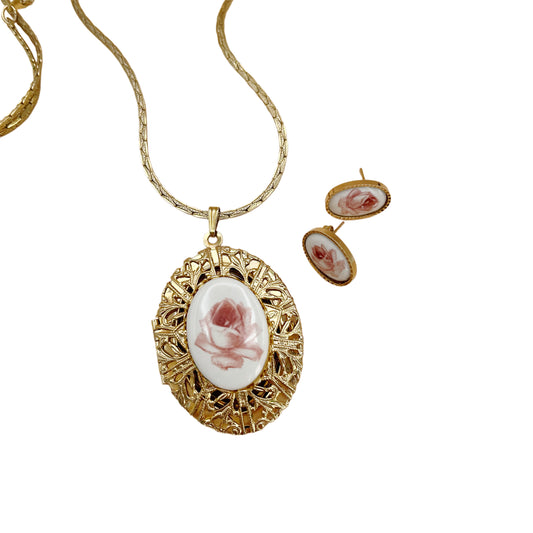 Vintage Floral Locket Necklace and Earring Set
