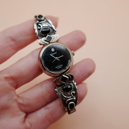 Vintage Diamond Quartz Black Onyx Watch