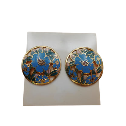 Vintage Cloisonné Blue Hibiscus Flower Earrings