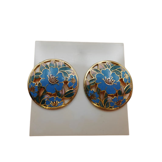 Vintage Cloisonné Blue Hibiscus Flower Earrings