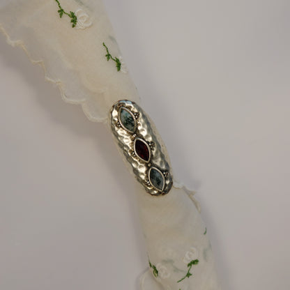 Vintage Silver Triple Stone Inlay Hammered Ring
