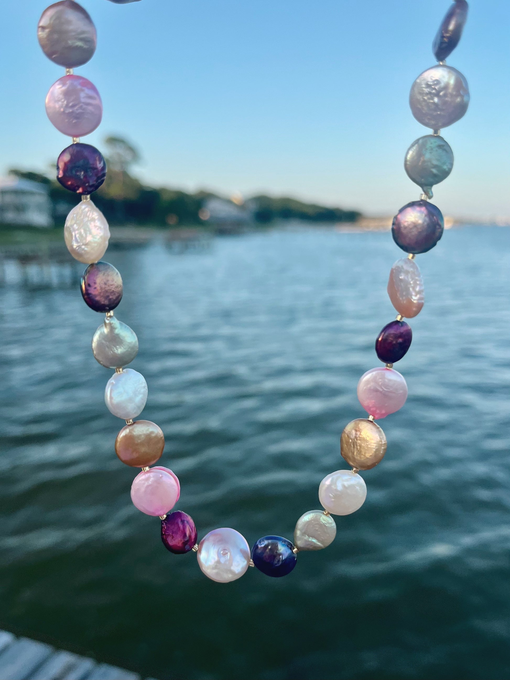 Multicolored coin freshwater pearl necklace
