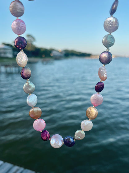 Multicolored coin freshwater pearl necklace