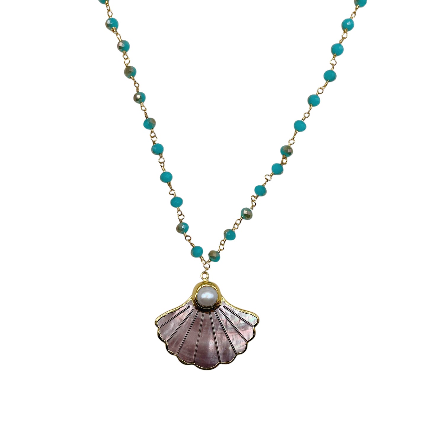 A gold-tone beaded necklace featuring turquoise blue beads and a scallop shell pendant with a central white pearl.