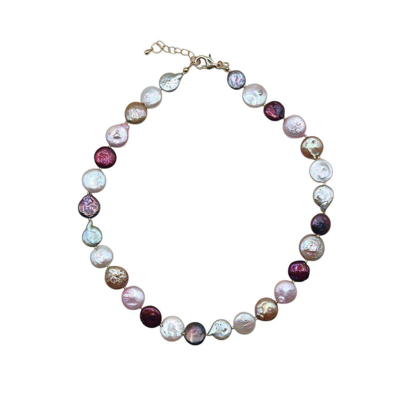 Multicolored coin freshwater pearl necklace on a neutral background