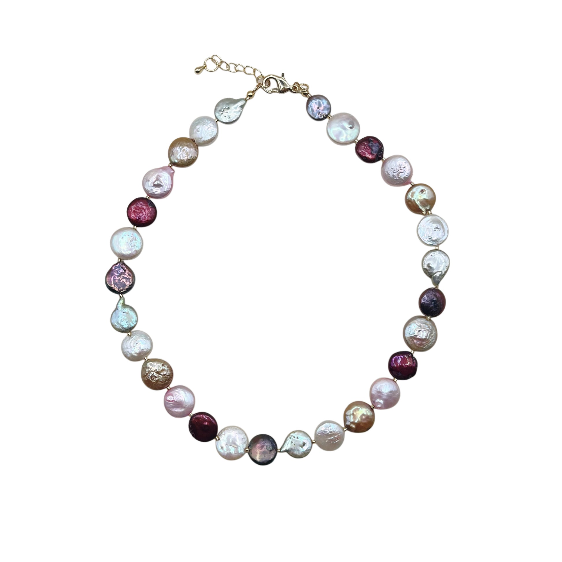Multicolored coin freshwater pearl necklace on a neutral background