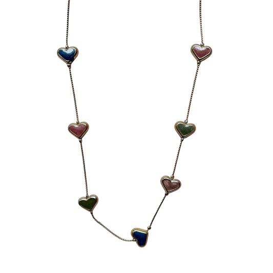 Vintage Multicolored Heart Station Necklace