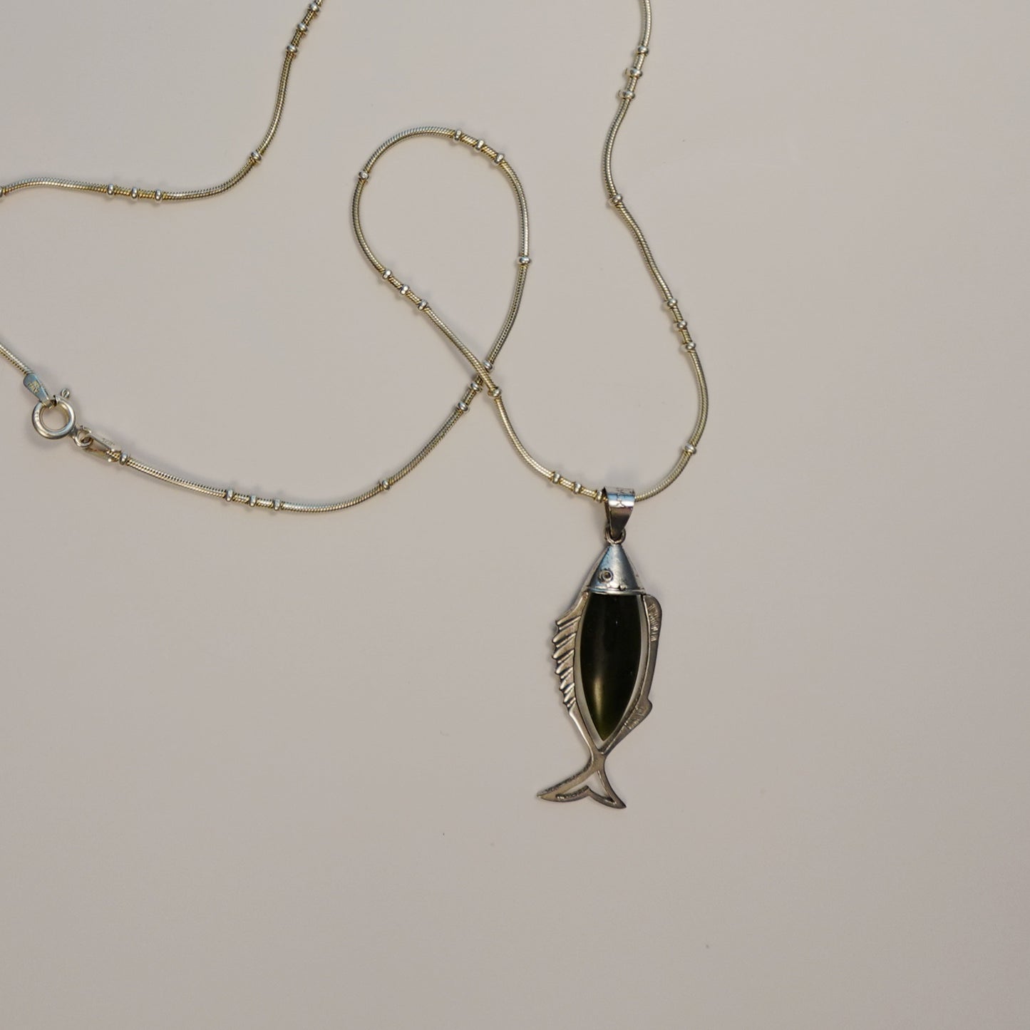 Vintage Italian Sterling Silver Jade Fish Necklace