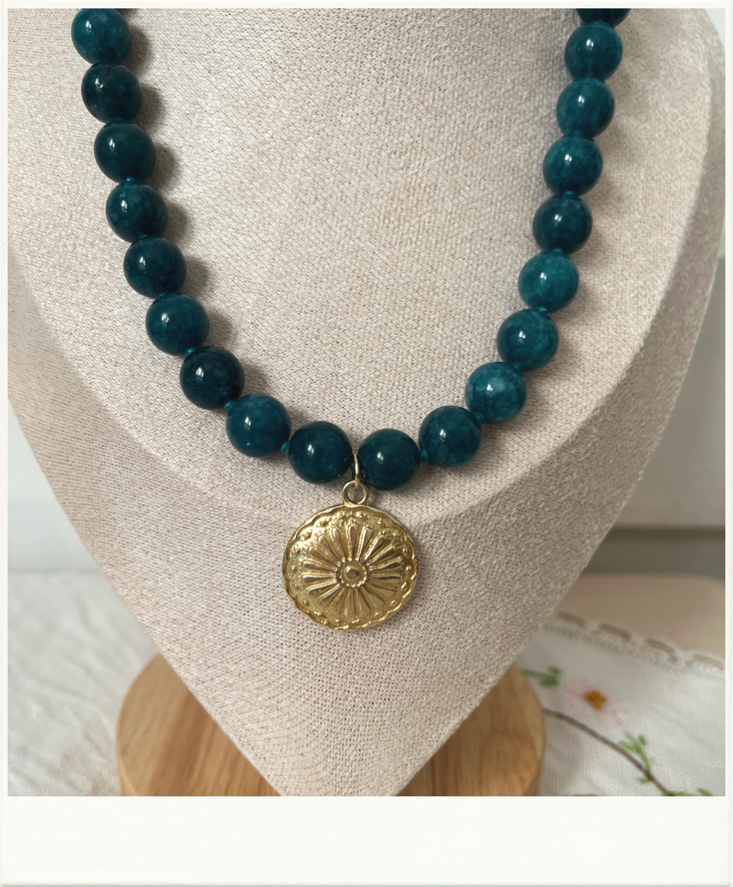 Blue Jade with Gold Pendant Necklace