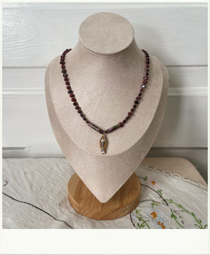 Deep Cranberry Freshwater Pearls with Articulated Fish Pendant Necklace