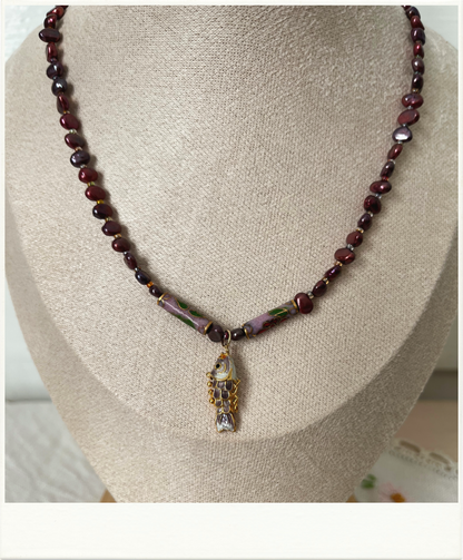 Deep Cranberry Freshwater Pearls with Articulated Fish Pendant Necklace