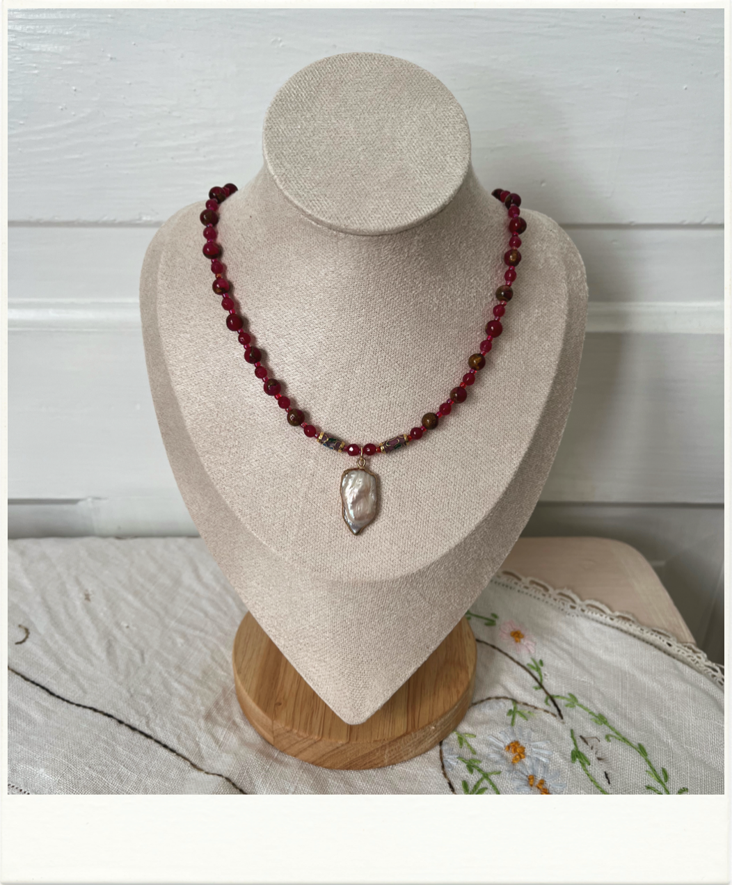 Red Glass Beads with Baroque Pearl Pendant