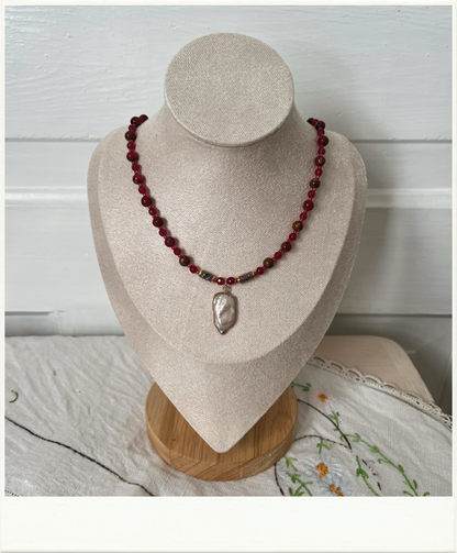 Red Glass Beads with Baroque Pearl Pendant