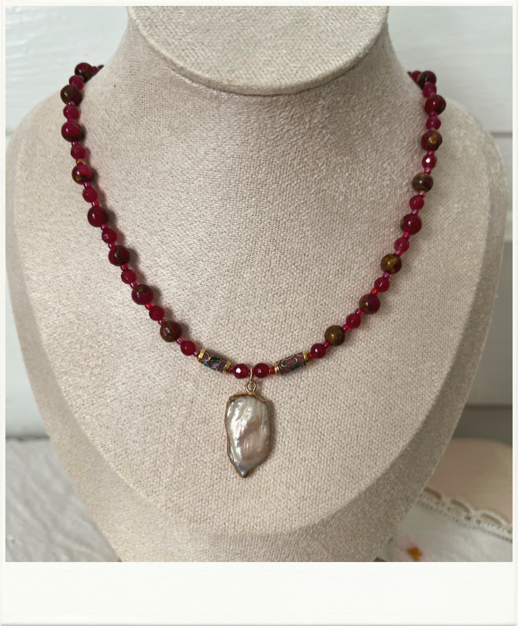 Red Glass Beads with Baroque Pearl Pendant