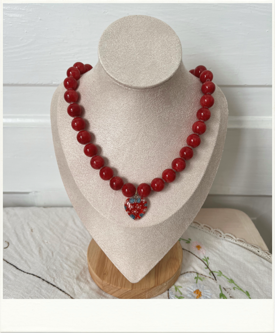 Cranberry Jade with Murano Glass Heart Pendant