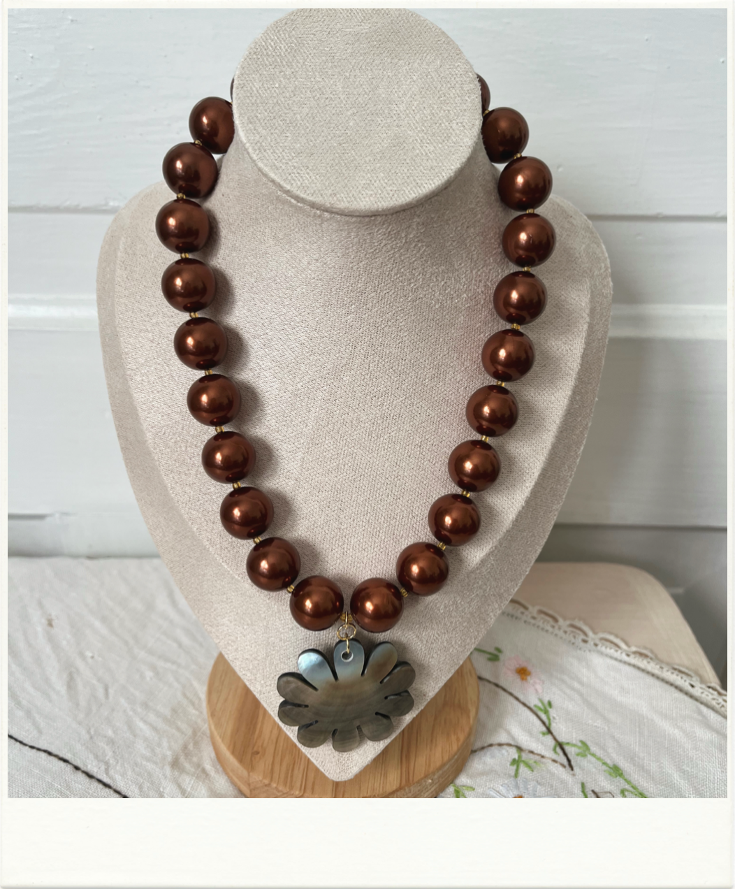 Chocolate Brown Necklace with Mother or Pearl Pendant