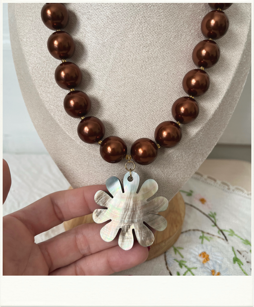 Chocolate Brown Necklace with Mother or Pearl Pendant