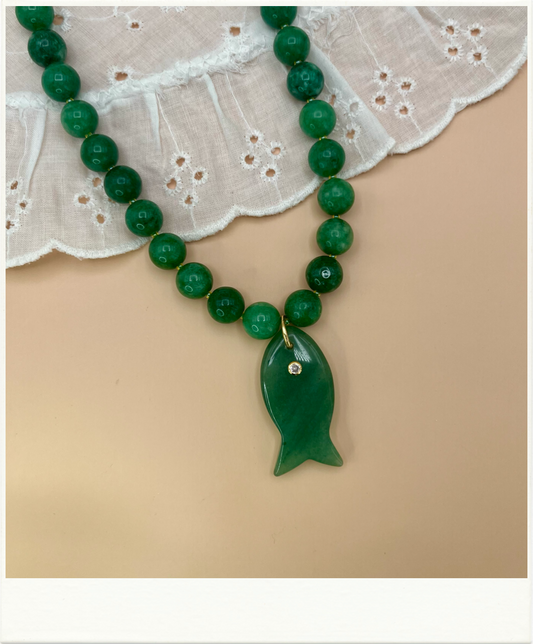 Green Jade Beaded Fish Necklace