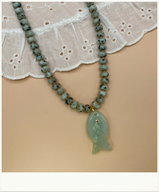 Green Agate Beaded Fish Necklace